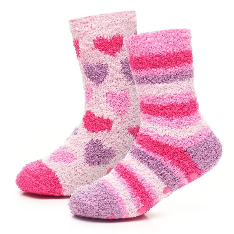 A2Z 4 Kids Girls Cosy Socks with Non-Skid Gripper Pack of 2 Super Soft Fluffy Slipper Socks for Warm Winter Comfort Hearts, Stars & Stripes Soft Warm Socks 1