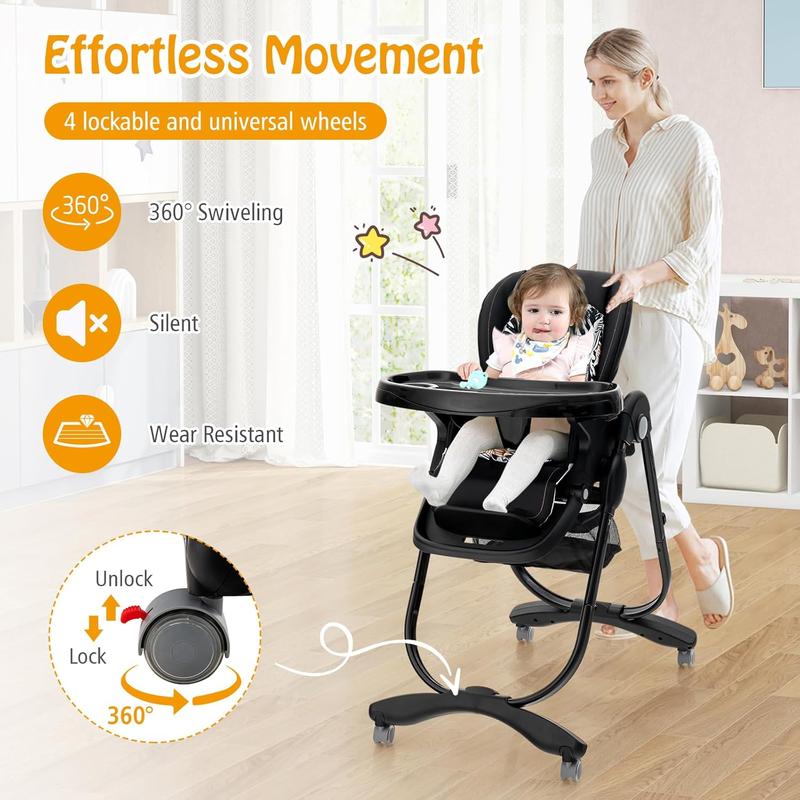 COSTWAY - High Chair for Babies and Toddlers, Adjustable & Folding Baby Highchair with Lockable Wheels, Removable Double Trays, 5 Point Harness, Storage Basket 4