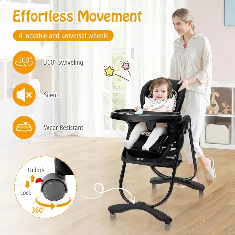 COSTWAY - High Chair for Babies and Toddlers, Adjustable & Folding Baby Highchair with Lockable Wheels, Removable Double Trays, 5 Point Harness, Storage Basket 4