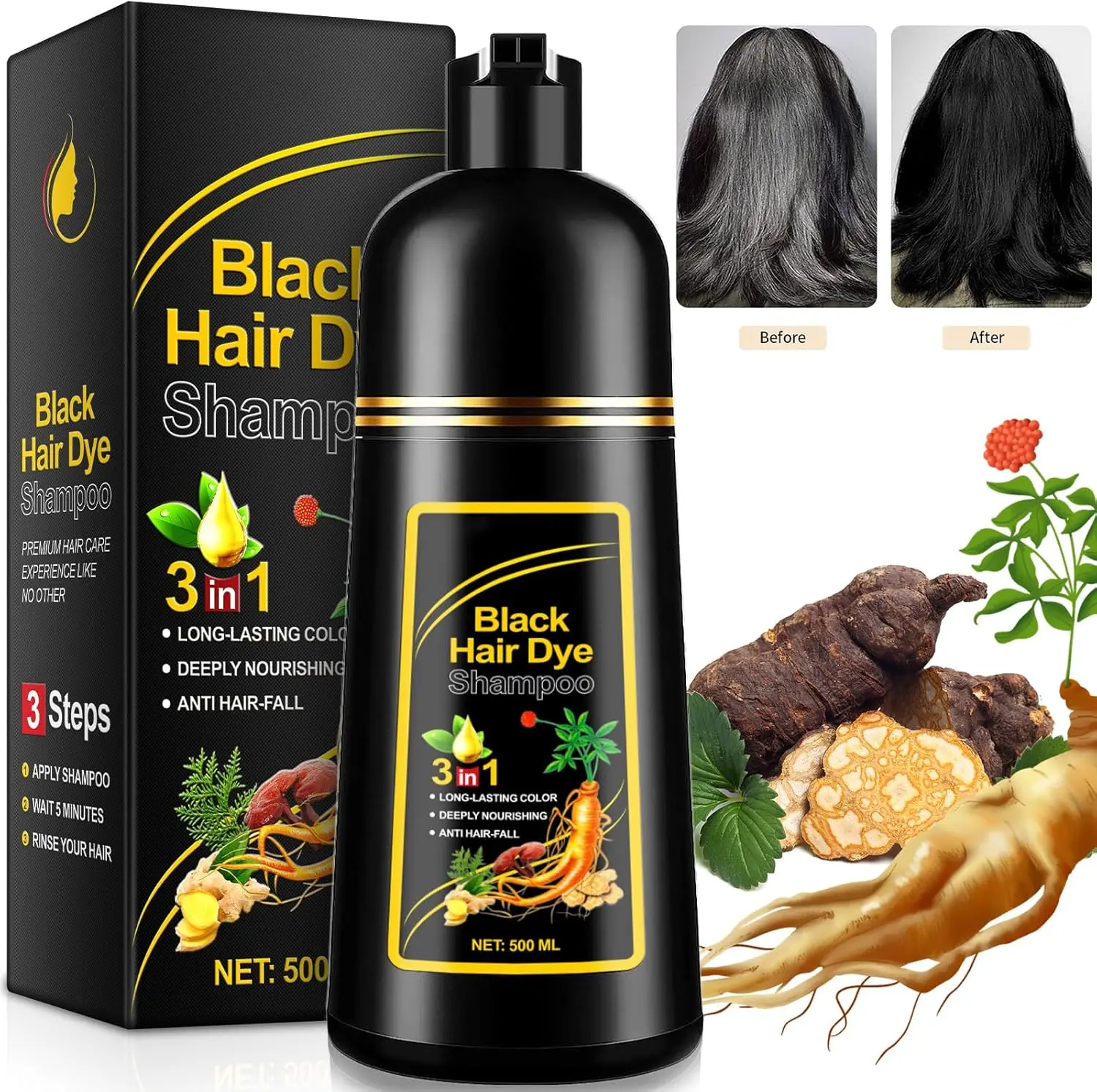 Black Hair Dye Shampoo Black for Men Women, 3 IN 1 Hair Color Shampoo for Gray Hair Instant Hair Coverage and Beard for Color Treated Hair, Herbal Ingredients 500ML Conditioner Haircare Comfort Cleanser Cleansing Conditioner Haircare Comfort Cleanser