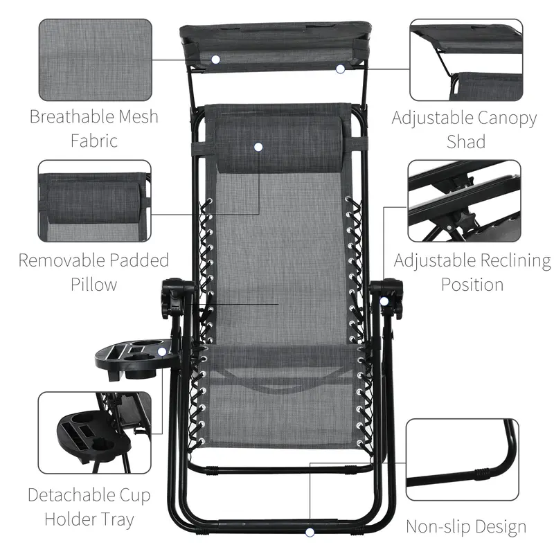 Outsunny Zero Gravity Garden Deck Folding Chair Patio Sun Lounger Reclining Seat with Cup Holder & Canopy Shade - Grey 4