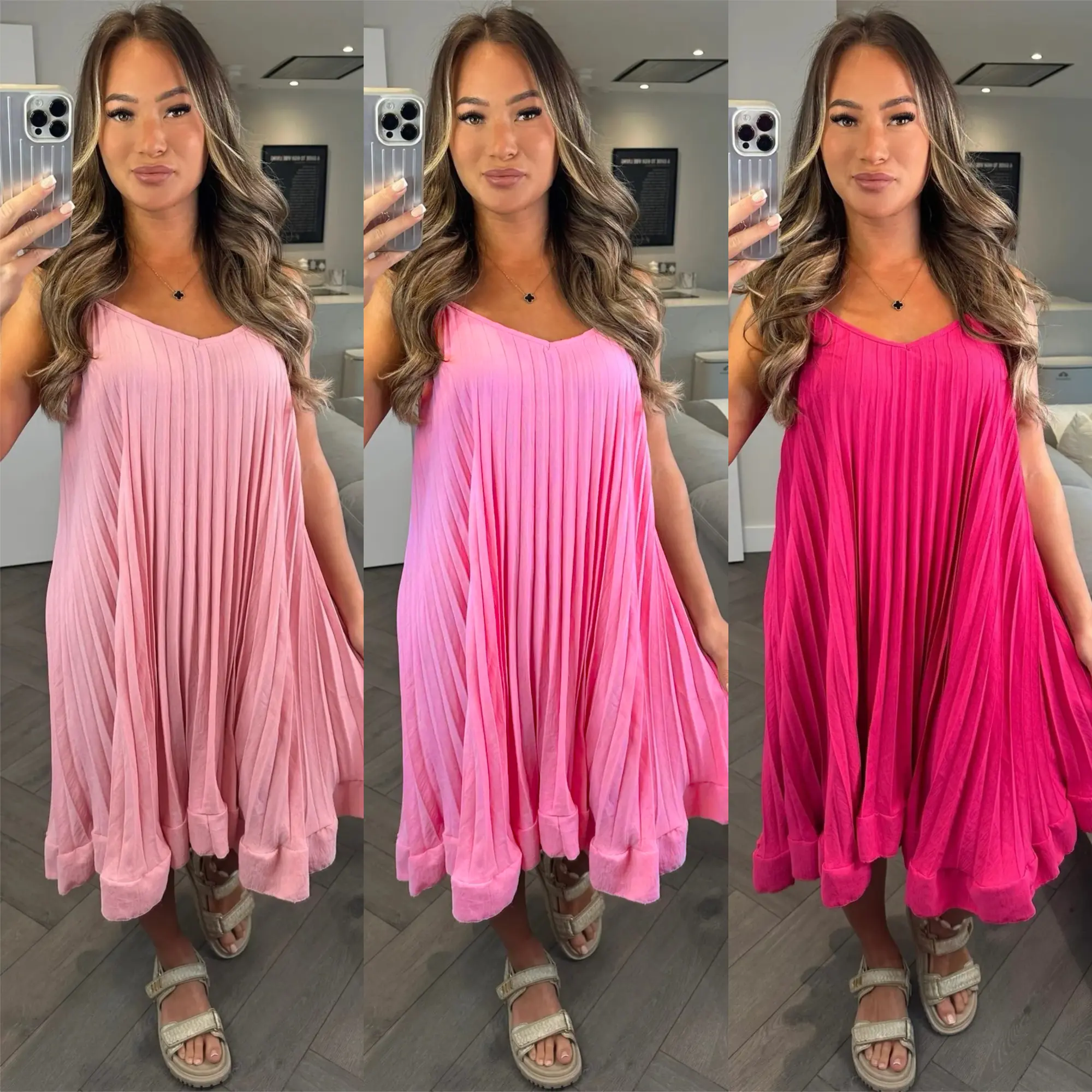 Women's Pleated Spaghetti Straps Swing Dress Ladies Chiffon Sleeveless Cami Solid Color Frill Hem Summer Holiday Party Oversized Flowy Longline Shirt Skater Mini Dress Womenswear Casual Wear