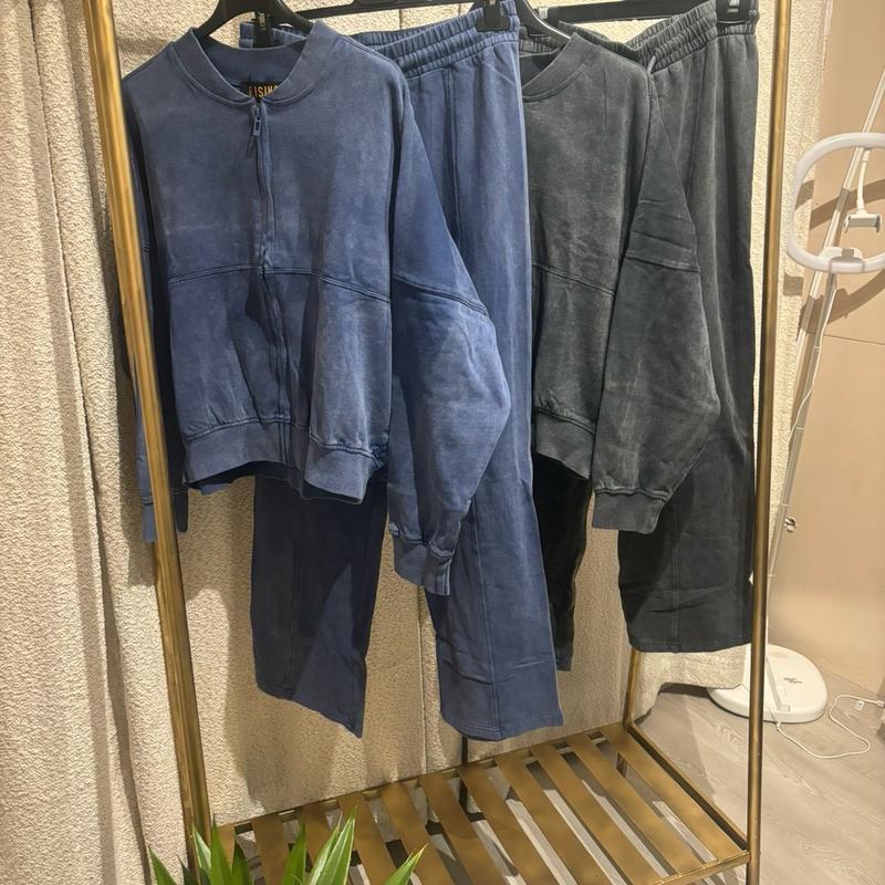 Acid Wash Tracksuit Comfortable Womenswear Casual Day Minimalist Stretchy Long Sleeve Basic Lady 1