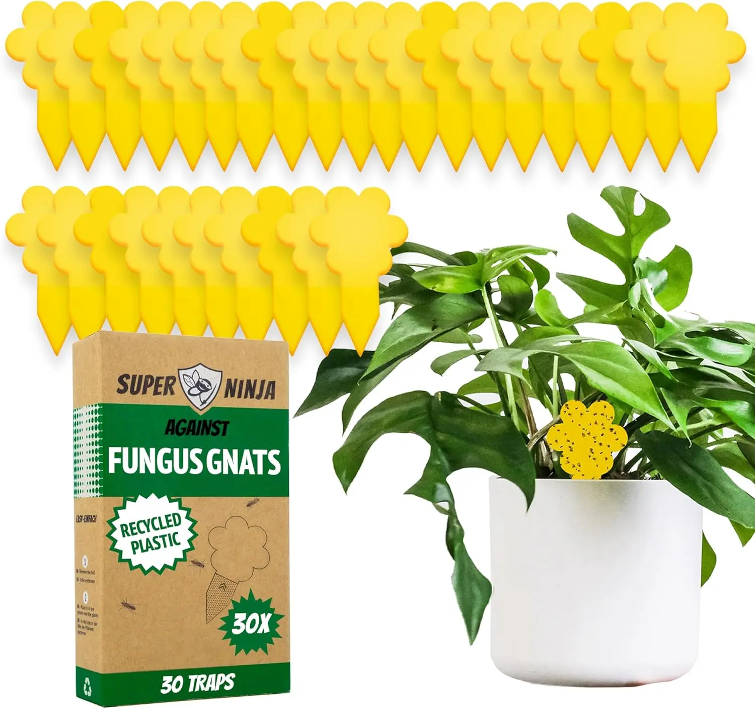 Super Ninja Fungus Gnat Killer - 10 Traps - Highly Effective and Ecological Yellow Sticky Traps Fruit Fly Trap for Fruit Flies, Fungus Gnat and Whitefly - Easy-to-Use - Up to 3 Months