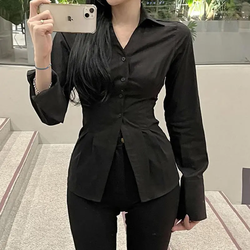 MEXZT Y2K Women Slim Blouses Office Lady Fashion Long Sleeve Folds Chic Shirt Vintage Streetwear Korean Sexy Skinny Casual Tops 2