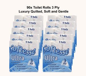 90x Toilet Rolls 3ply 9x5 Rolls, Luxury Quilted, Soft and Gentle, Flushable Eco-friendly Disposable Sustainable, Family Sheets Wipes soft bathroom