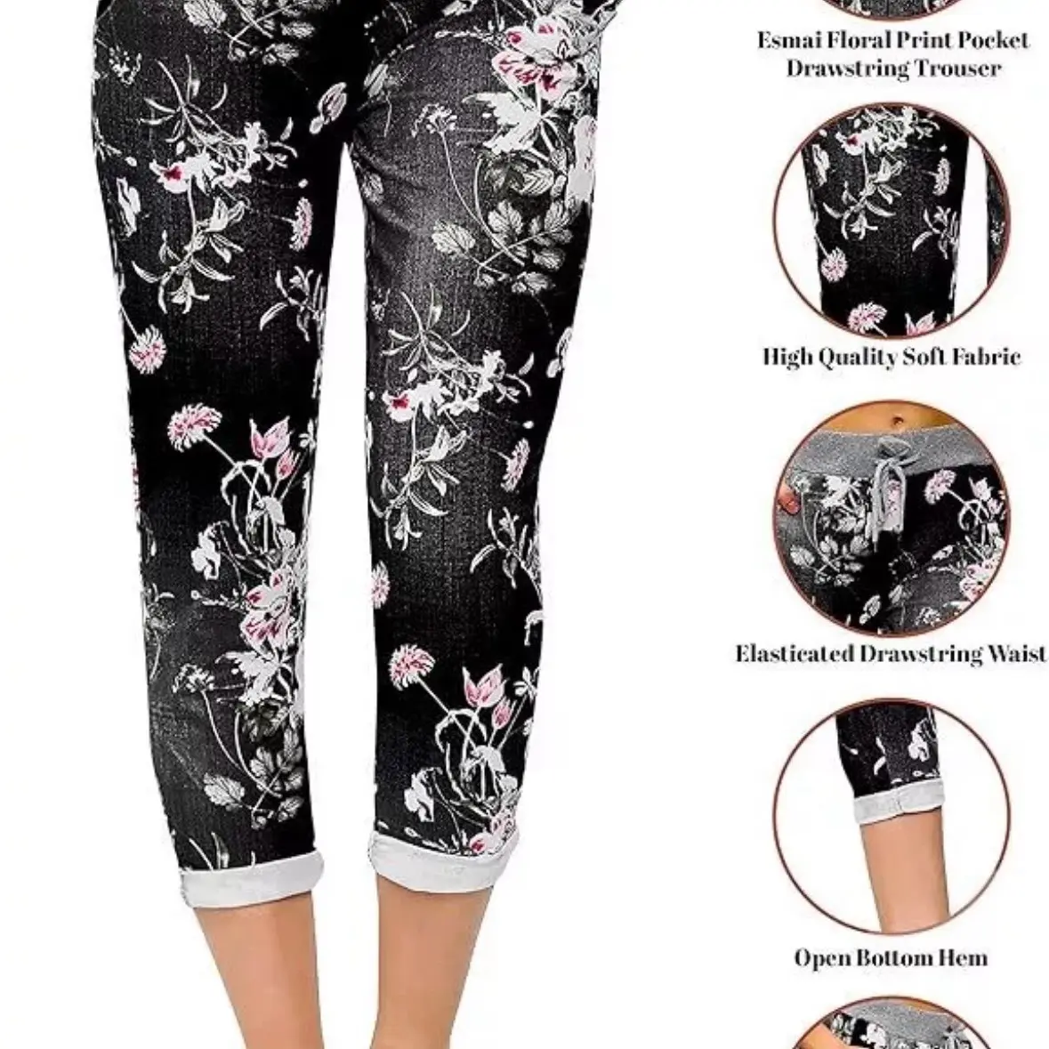 Women’s Italian Trousers Stretchy Elastic Cotton Turn Up Casual Joggers Comfortable Bohemian Style  Lightweight Summer Ladies Trouser Womenswear Elegance Flowy Bottoms One Size Fits All Standard and Plus Size Available
