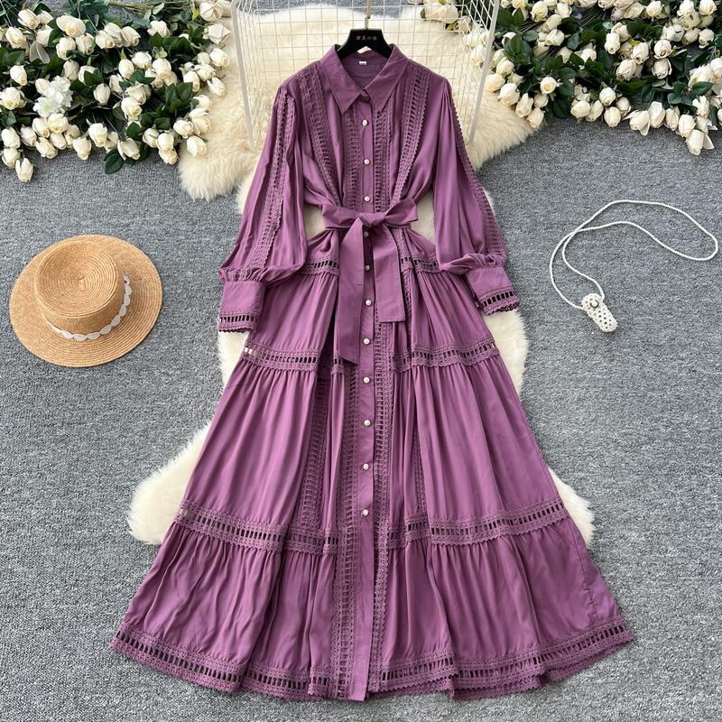 Boutique Wholesale 2024 Autumn New Fashionable Retro Hollow Lace Splicing Waist Slimming Single Breasted Women's Dress 7