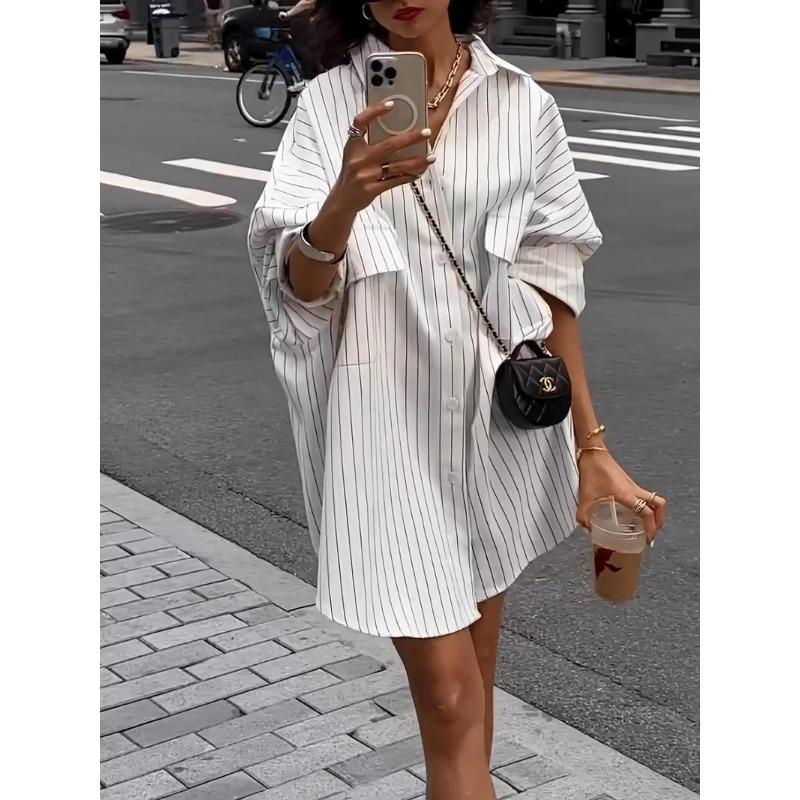 Women's Striped Print Button Front Pocket Long Blouse, Casual Drop Shoulder Long Sleeve Top for Summer, Ladies Clothes for Daily Wear 8