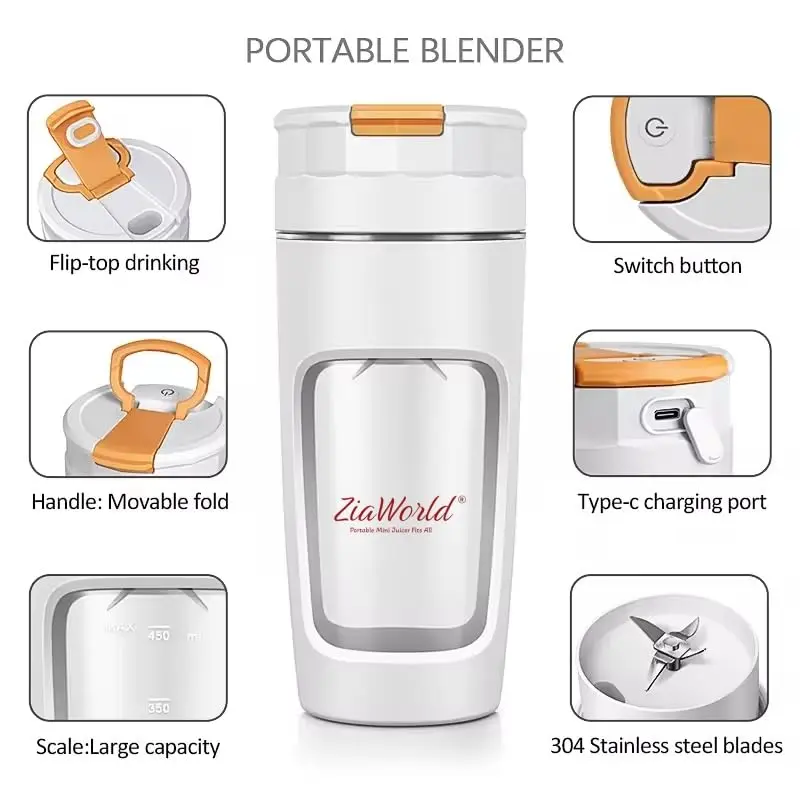 ZiaWorld 600ml Portable Juicer Blender for Juice, Milkshake, Smoothies, Protein Shakes, Portable Cordless Mini Travel Mixer, Rechargeable, Lid & Sip Spout, Blend Ice & Frozen Fruit (BPA Free, White) 2