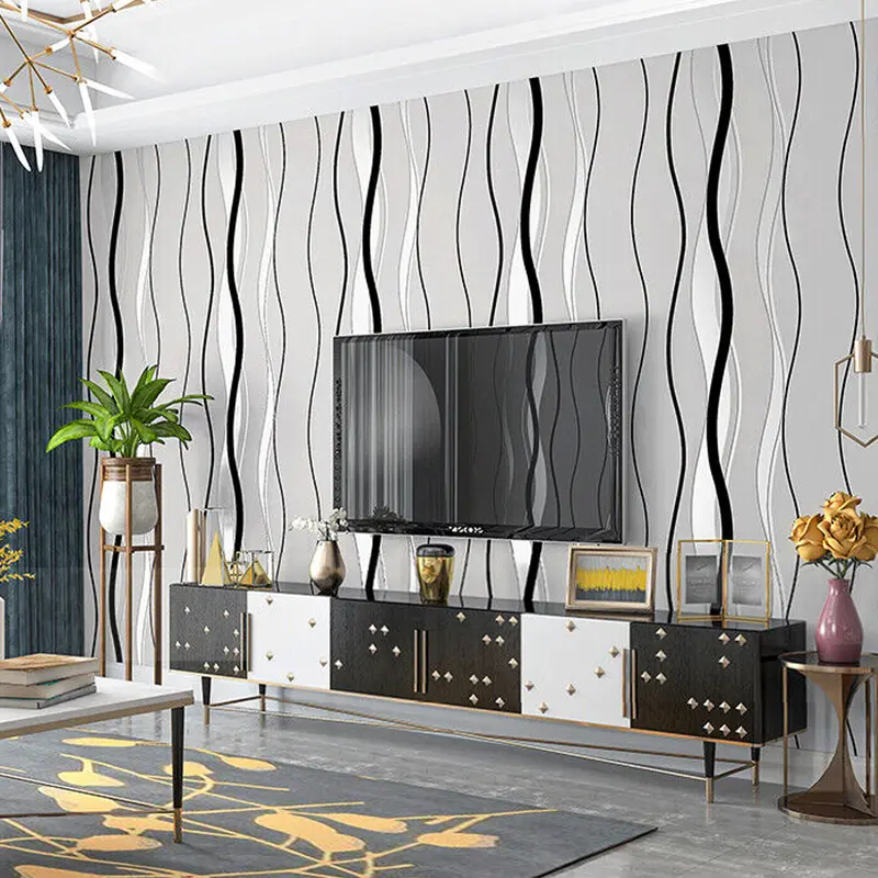 Livingandhome Embossed Wallpaper Non-Woven Wave Stripes Roll 3D Embossed Wave Wallpaper Silver Glitter Wallpaper Feature Striped Modern Geometric Patterned Taupe for Livingroom Bedroom Kitchen 6