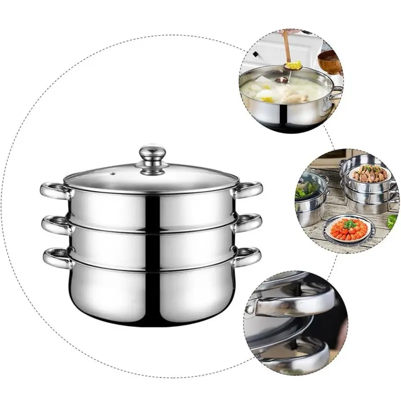 1 Set 3-Tier Stainless Steel Steamer with Lid - 20cm Stack and Steam Pot Set Work with Gas, Electric, Grill Stove Top 1