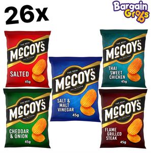 26 x McCoy’s Grab Bag Crisps 45g – Various Flavours: Flame Grilled Steak, Salt & Malt Vinegar, Cheddar & Onion, Salted, Thai Sweet Chicken  Snack