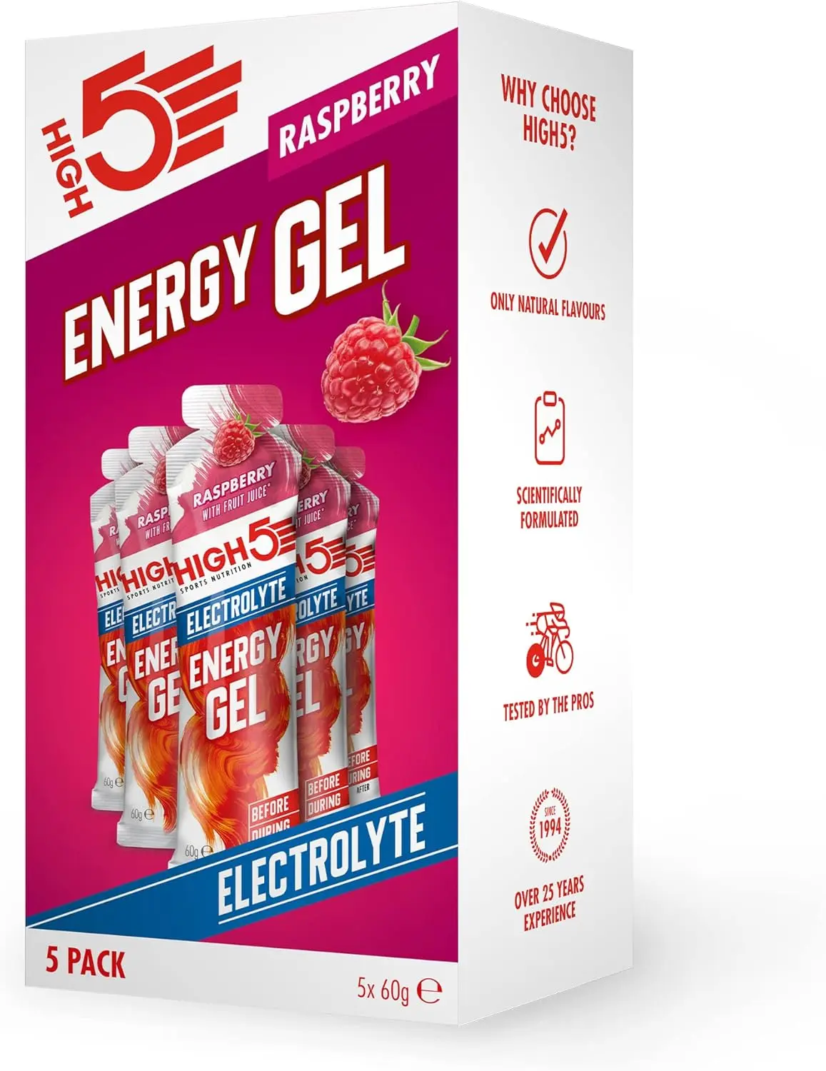 HIGH5 Energy Gels with Electrolytes - Quick Release Sports Gels for Peak Performance - Natural Fruit Juice & Caffeine-Free - Energy Boost for Running, Cycling, Endurance (Raspberry, 5 x 60g)