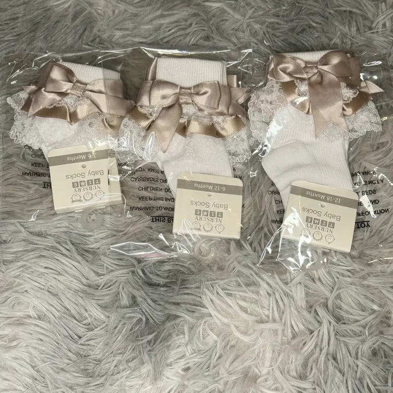 Baby Girls Taupe Ribbon and White Lace Socks - Perfect for Your Little Princess kids 2
