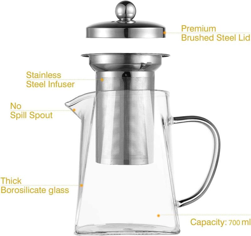 Square Glass Teapot with Infuser with Lid 350 ml, 550 ml, 750 ml - Borosilicate Tea Pot for Loose Tea, Clear Leaf Herbal Teapot with Strainer for Microwavable and Stovetop Safe - Transparent, Clear Steel Filter Teacup 1