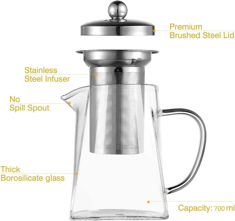 Square Glass Teapot with Infuser with Lid 350 ml, 550 ml, 750 ml - Borosilicate Tea Pot for Loose Tea, Clear Leaf Herbal Teapot with Strainer for Microwavable and Stovetop Safe - Transparent, Clear Steel Filter Teacup 1