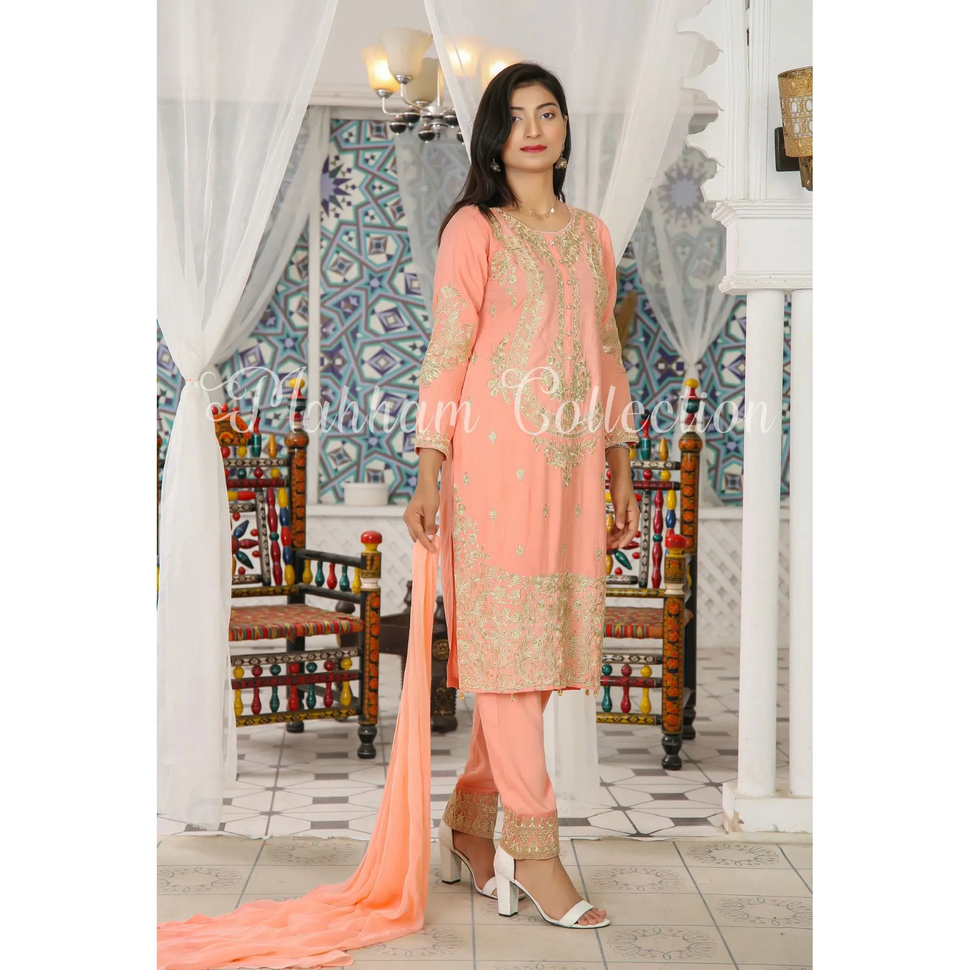 3 Pc Embroidered Readymade Stone Linen Suit Peach TS-101 | Shop Pakistani Dresses