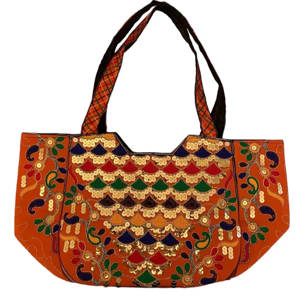 Womens Large Shoulder Bag Orange with Beautiful Embroidery