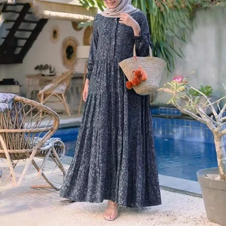 Spring Summer Muslim Women Layered Floral Printed Robe Full Sleeve Casual Maxi Dress Elegant Large Size Loose Comfortable Fashion Soft Breathable Round Neck Long Sleeve Ramadan Festival Dress