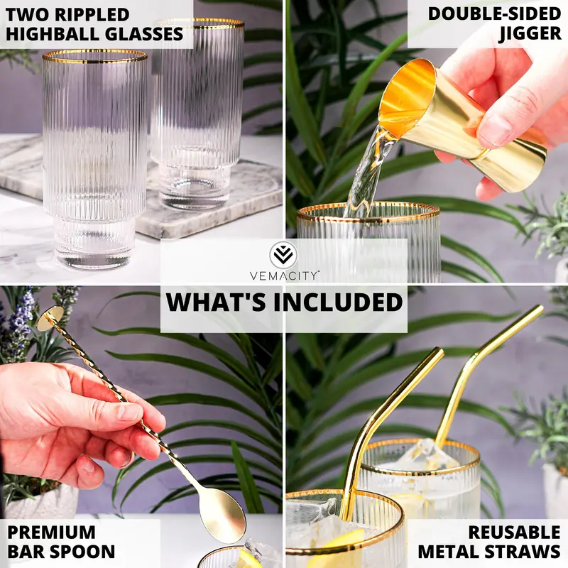 Stunning Ripple Crystal Highball Glasses- 2 Handmade Coffee Glasses + Cocktail Accessories | 2 Metal Straws, Bar Spoon & Jigger Drinkware Reusable Set Stylish 1