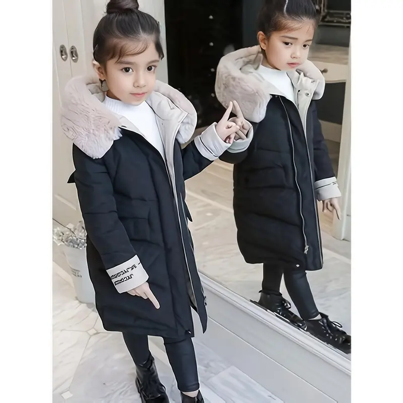 Girls Trendy Furry Hooded Collar Long Polyester-Padded Jacket, Mid-length Kids Winter Clothes 4