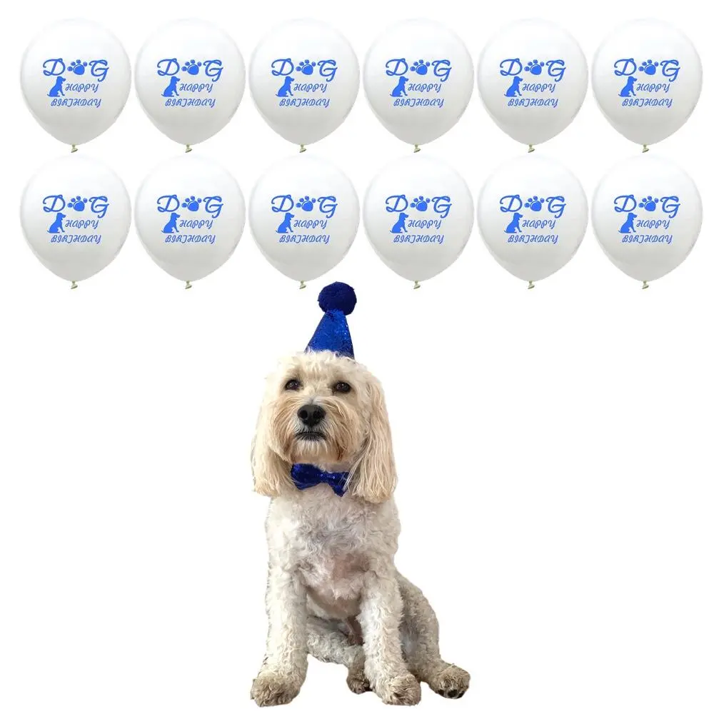 Dog Party Hat, Sequin Bow Tie Collar and 12 Balloons Set - Blue