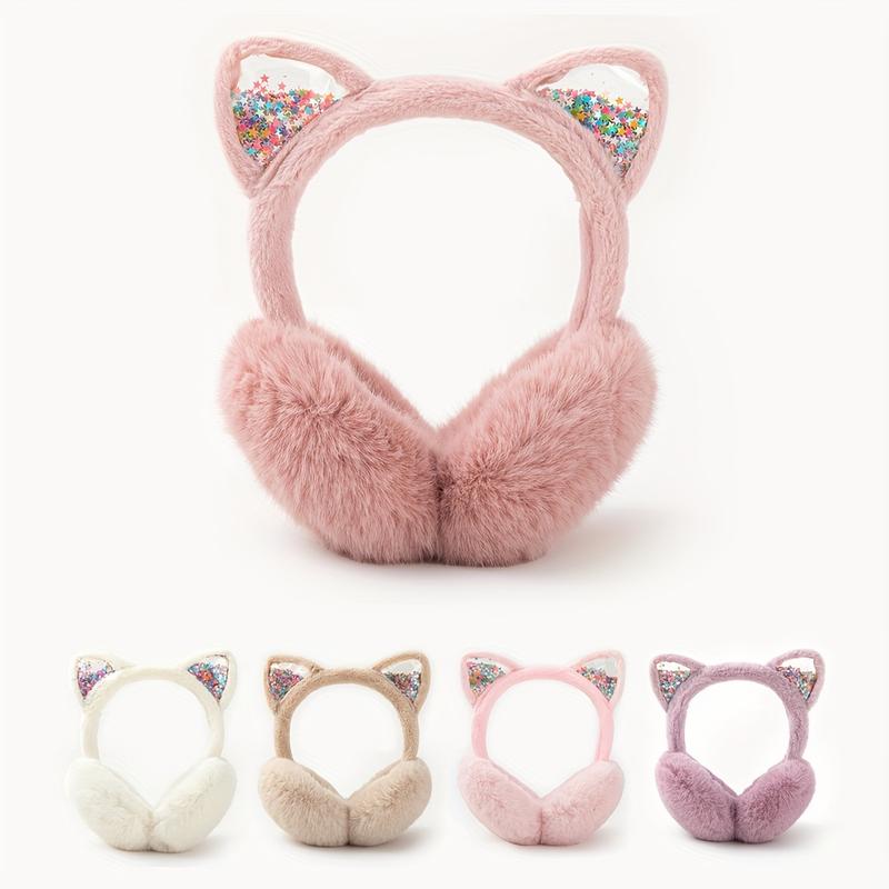 Cute Cat Ear Earmuffs for Women - Foldable Winter Ear Warmers, Sparkle Sequin Design, Solid Color, Polyester, Suitable for Ages 15+ 1