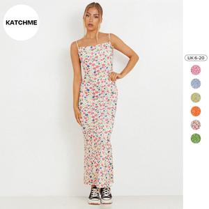 KatchMe Women's Sweet Floral Print Low Back Thin Straps Slinky Dress(Size :6-20),Maxi Dresses for Women,Summer Outfits for Women,Street Womenswear