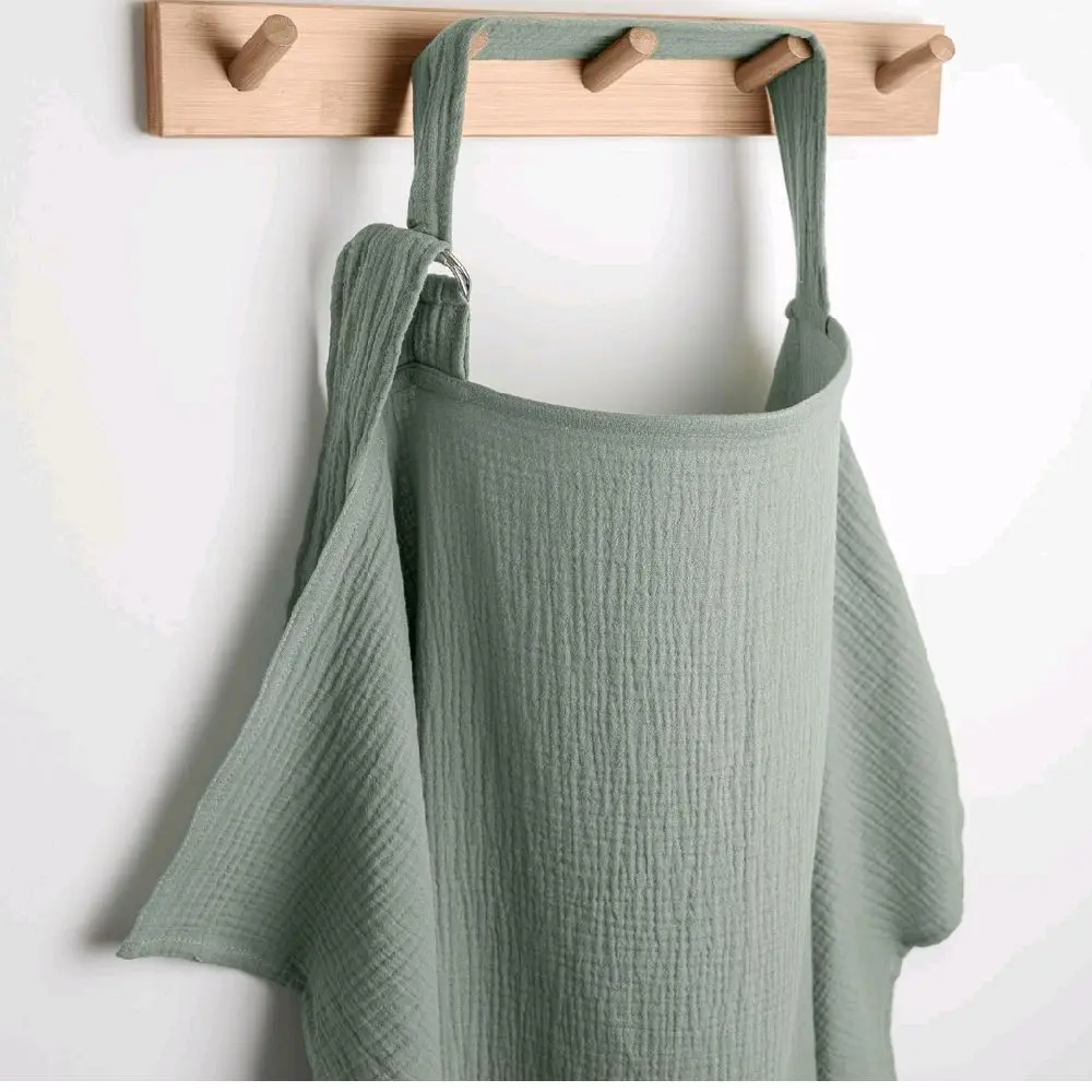 Green Muslin Nursing Cover Green Baby Bib, 100% Cotton Breastfeeding Cover with Arch Neck