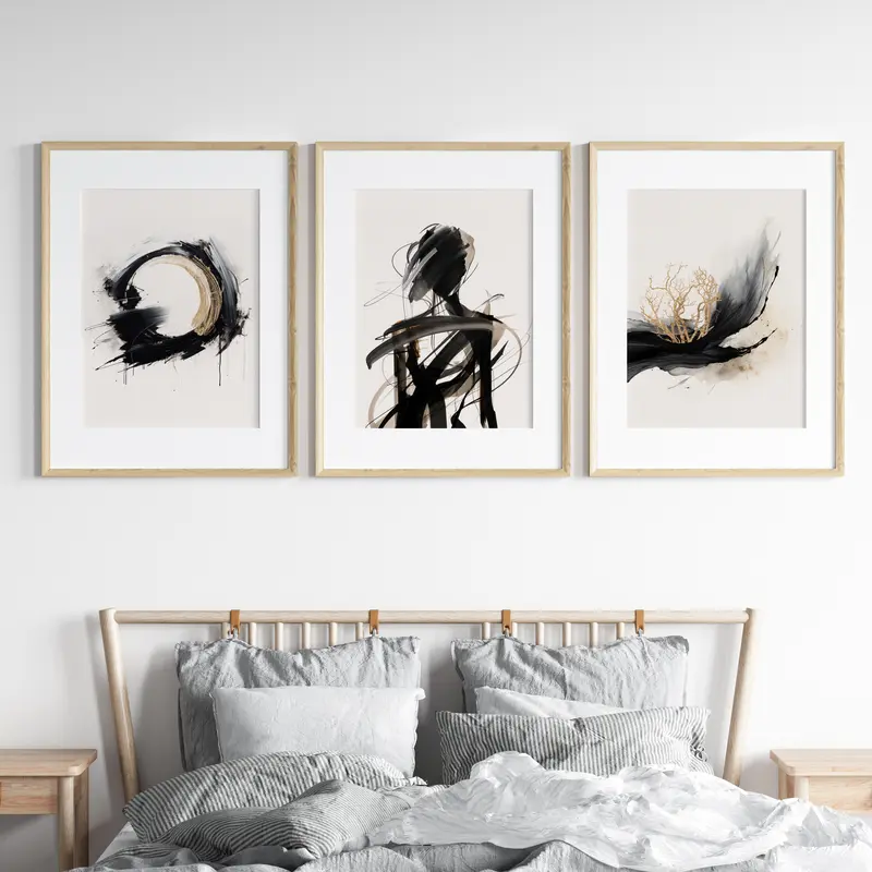 Abstract Wall Art Prints Set of 3 Unframed Black Gold Geometric Contemporary Poster Prints Home Decor 4