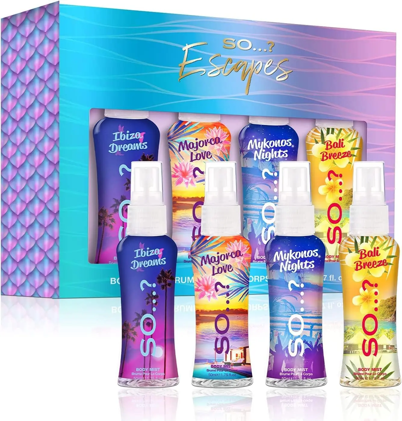 Escapes Womens Gift Set, with Ibiza Dream, Bali Breeze, Mykonos Nights & Majorca Love, Fragrance Spray Set (4 x 50ml)
