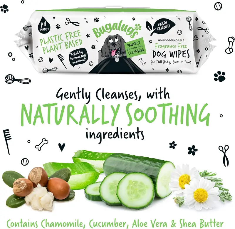 BUGALUGS Dog Wipes, 100% Plastic Free Biodegradable pet wipes for full body, eye wipes, ear wipes, bum & paws. 110 sensitive dog grooming wipes for dogs, puppy & cat grooming (Fragrance Free) 5