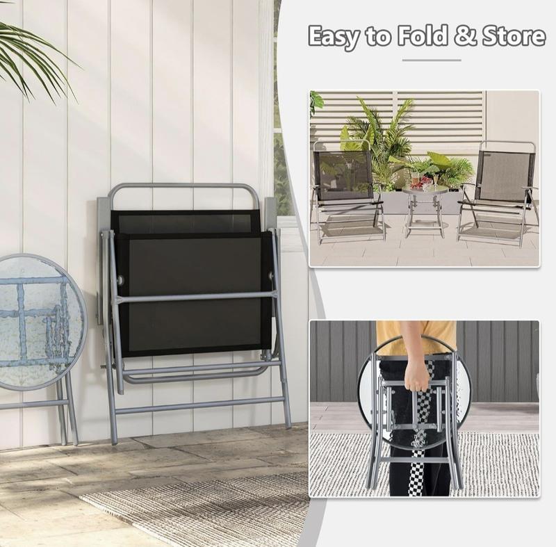 Product Introduction of 3PCS Patio Bistro Set, Garden Folding Chairs and Table Set with Ripple-like Glass Tabletop, Metal Frame Outdoor Dining Furniture Conversation Set for Balcony, Deck, Yard, Poolside 7