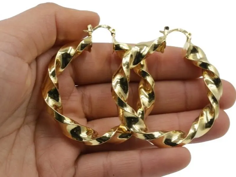 9ct Gold Filled Hoop Earrings Large Twist Gypsy Creole 50mm Hoops For Girls Women