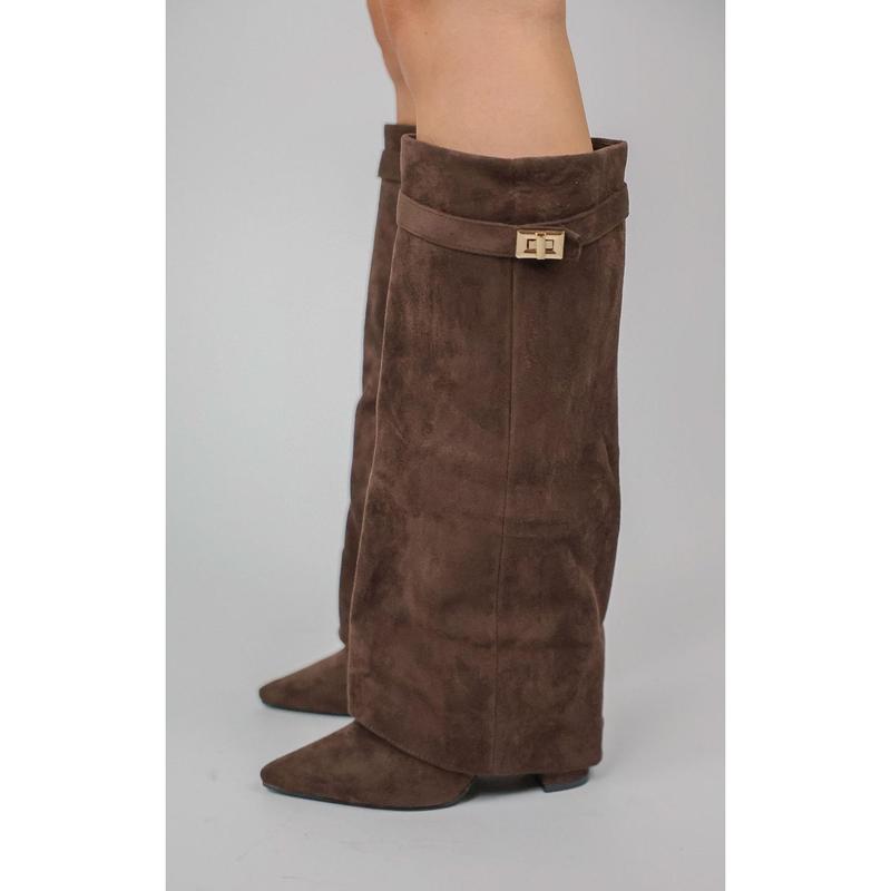 Brown Faux Suede Fold Over Shark Classic Buckle Knee High Boot 3