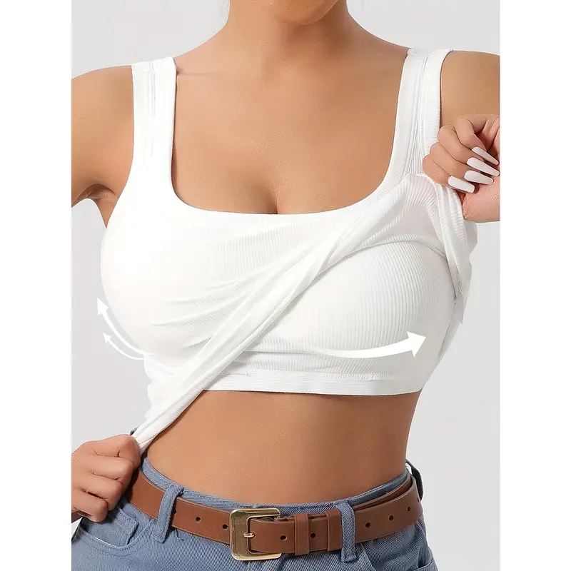 Solid Color Scoop Neck Tank Top, Casual Sleeveless Removable Chest Pad Slim Tank Top For Summer, Women's Clothing 3