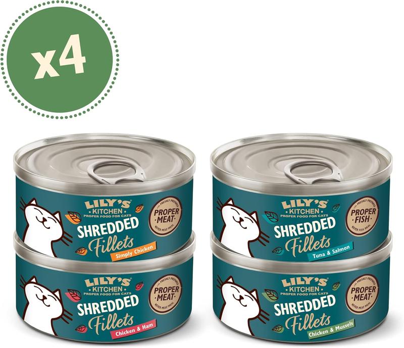 Lily's Kitchen Shredded Fillets Multipack - Grain Free Natural Adult Wet Cat Food - Chicken, Chicken & Mussels, Chicken & Ham, Tuna & Salmon (16 Tins x 70 g) 1