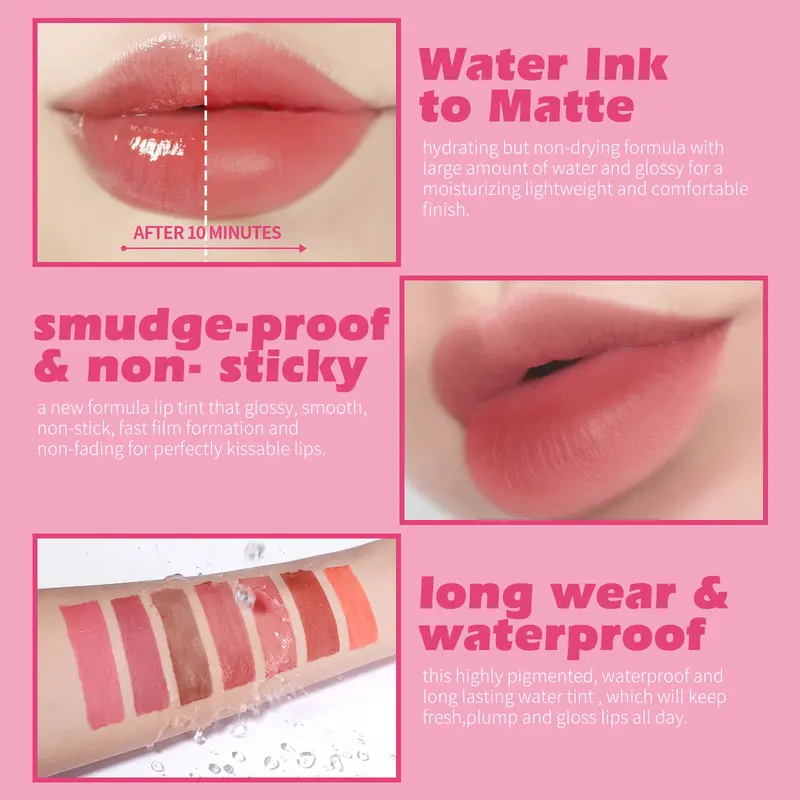 KIMUSE Water Gel Lip Tint 6 Colors Set, Highly Pigmented Long Lasting Moisturizing Glossy Lip Tint Stains 2