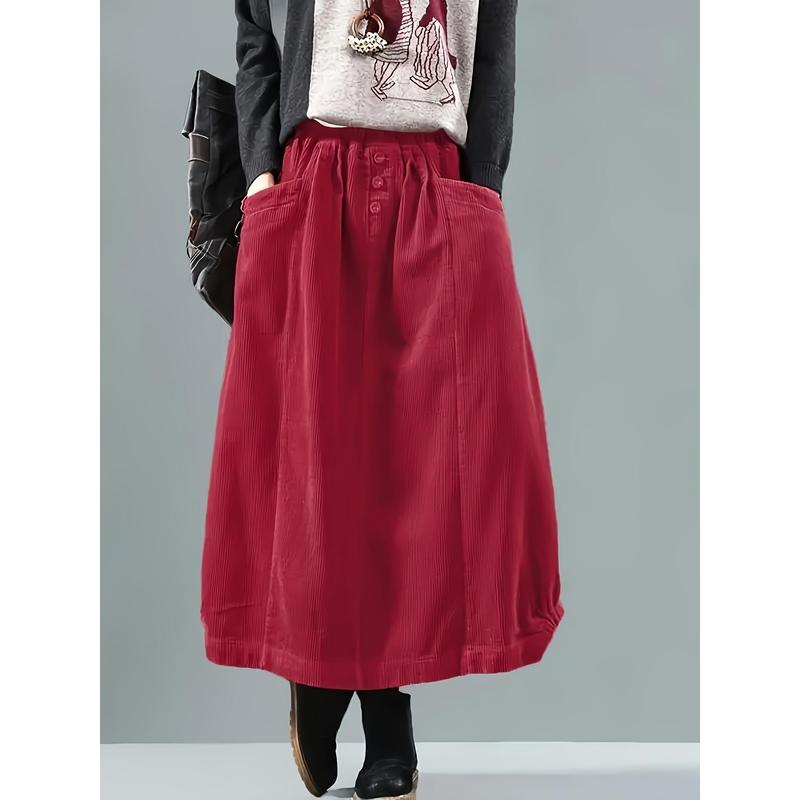 Button Detail Elastic Waist Skirt, Casual Dual Pockets Cocoon Skirt For Spring & Fall, Women's Clothing Womenswear Bottom 6