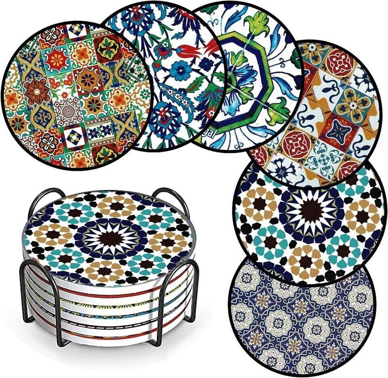 Turkish Patterned Coasters for Drinks Pack of 6 Ceramic Marble Coasters with Metal Holder, 4 Inches 8 Different Mandala Patterns, Suitable for Wooden Table and Kinds of Cups Tableware Round Set Tea Coffee 4