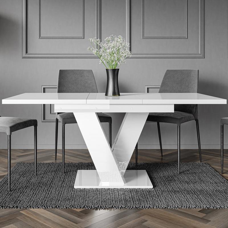 White Gloss Dining Table Small Kitchen Extending 120-160cm V Leg 6-8 Seats Masy 7
