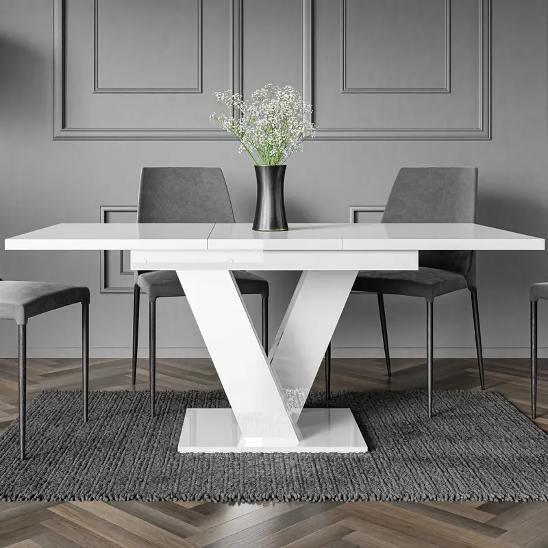 White Gloss Dining Table Small Kitchen Extending 120-160cm V Leg 6-8 Seats Masy 6