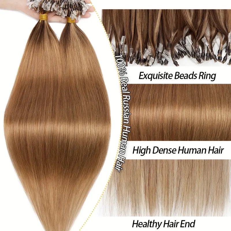 50 Strands Invisible Micro Nano Beads, 100% Human Hair Extensions - Thick Micro Ring Loop, 50g Pack, Versatile Lengths (40.64cm-60.96cm) for Fuller, Longer Hair 1