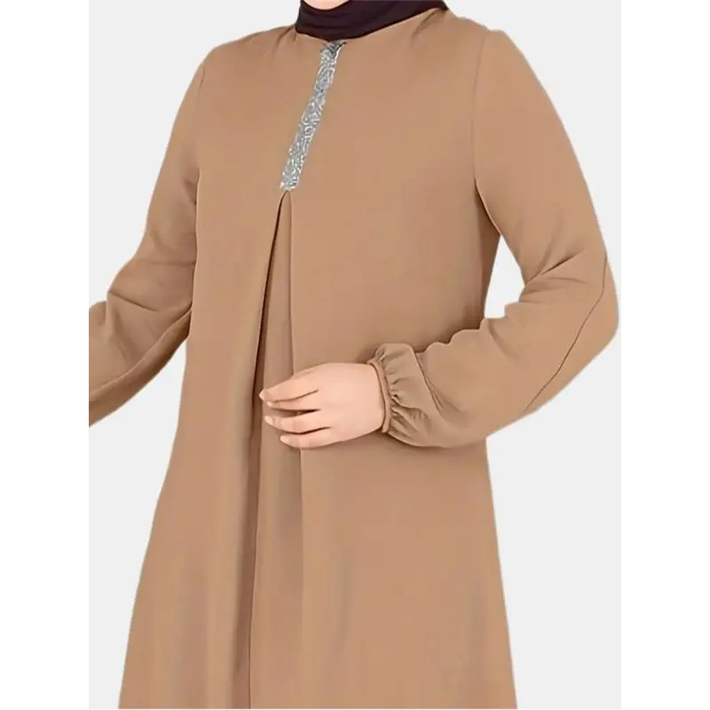 Women's Plain Contrast Sequin Bishop Sleeve Round Neck Top & Wide Leg Pants Islamic Set, Casual Long Sleeve Top & Trousers for Daily Wear, Ladies Islamic Clothing for All Seasons,abaya for women 8