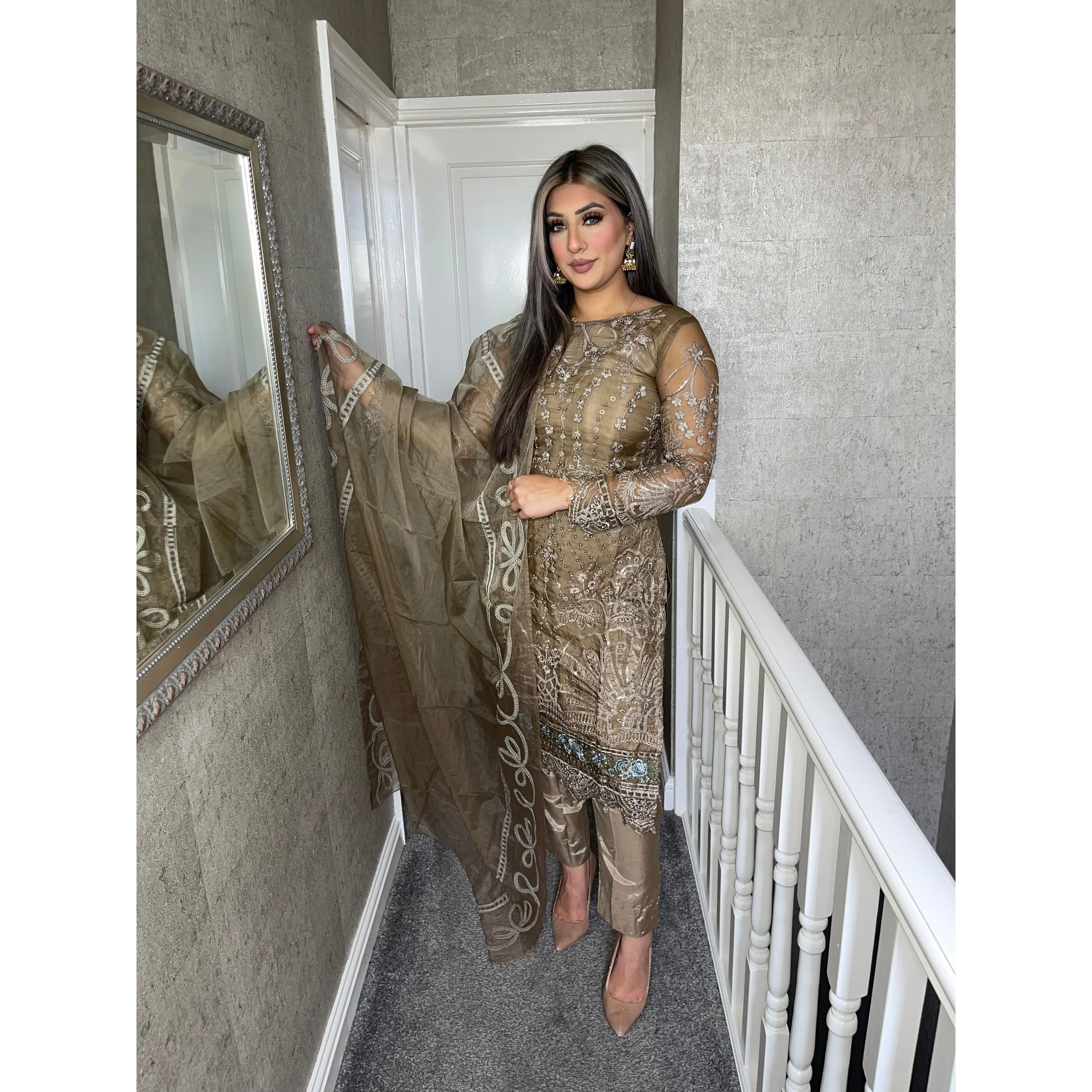 3PC BRONZE Embroidered Shalwar Kameez with Net duppatta fully stitched 3 piece suit F-C1288A