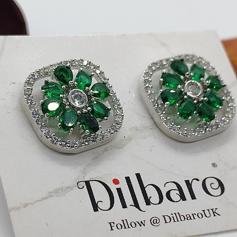 Product Introduction of Dilbaro Silver Plated Zircon Stud Earrings AD Earrings AD Studs Premium Jewellery Green and Blue stone Ethnic Jewellery 1