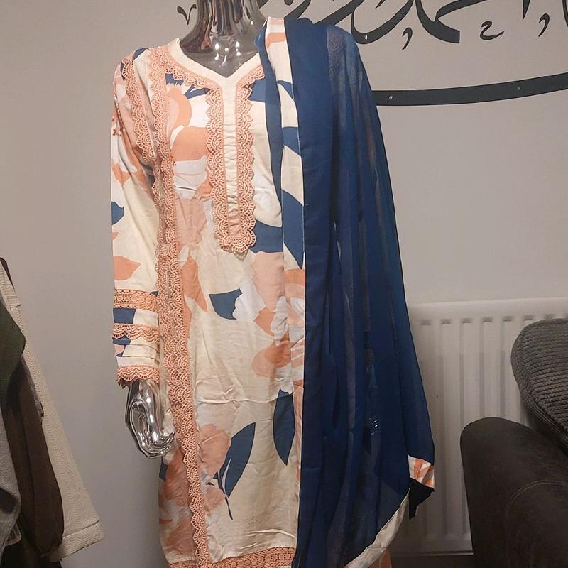 Asian Style 3pc women causal wear. boski lenen fabric and shifoon dupata ivory colour with navy blue dupata. beautiful lace work on shirt and trousers. 6