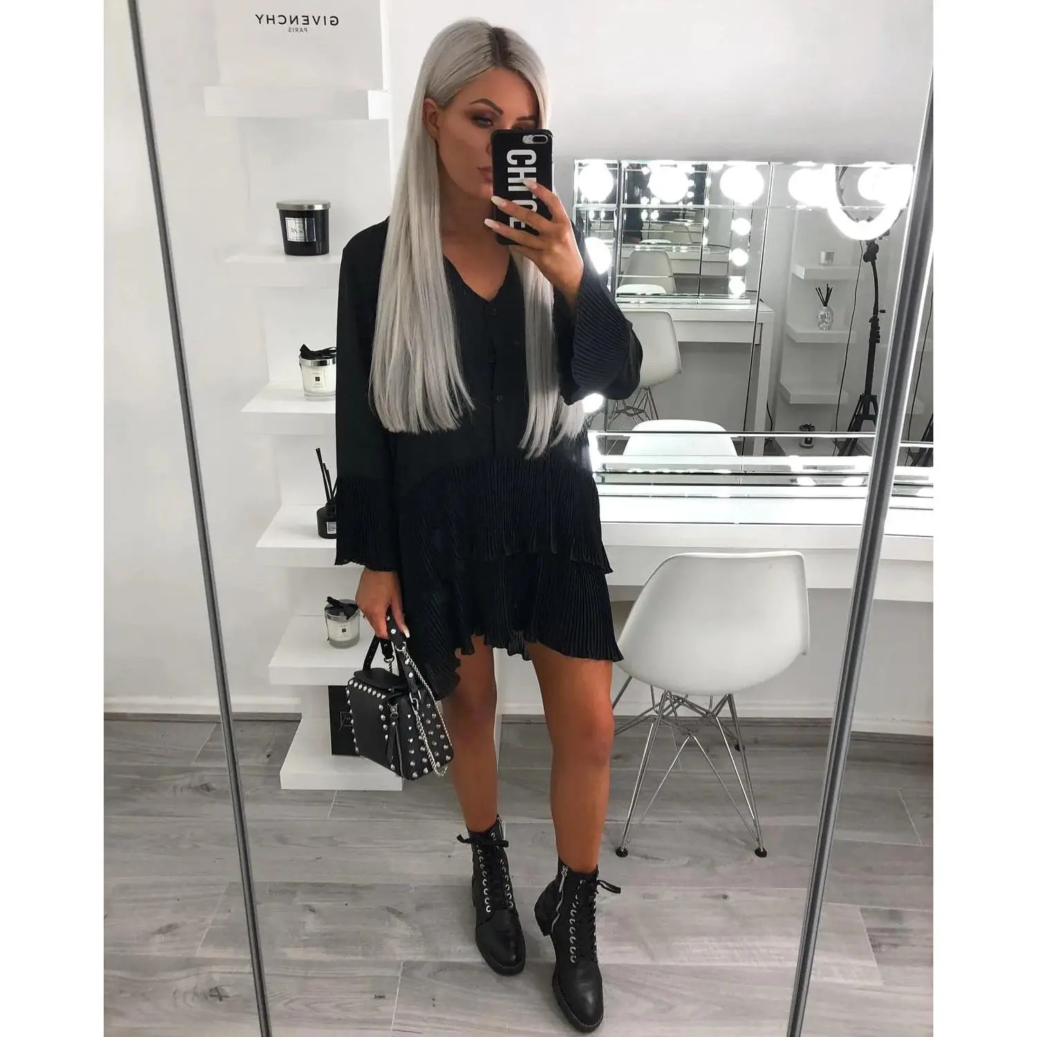 ‘Brooklyn’ Black Pleated Layered Shirt- Dress