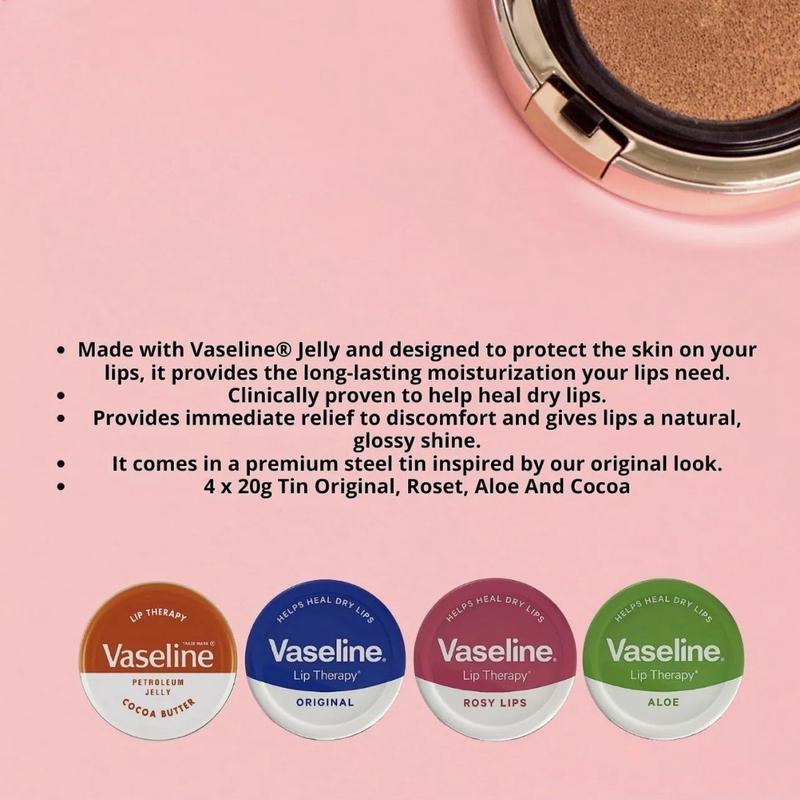 Vaseline Lip Balm - Petroleum Jelly - Lip Therapy - Original, Coco Butter, Alo VeraAnd Rosy 20g Tin - Soothes Dry Lips - Soothes dray Pack Of 4 4